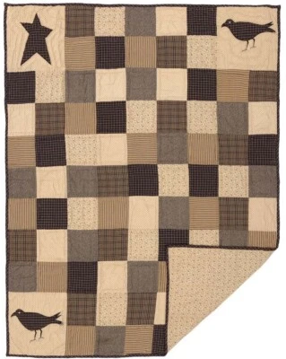 Hand Quilted Country Patchwork Throw Star + Crow Applique 50" x 60" Kettle Grove - Image 1 of 4