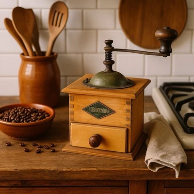 Molinillo de café vintage Leinbrock-Werke • Molinillo de manivela manual alemán de madera y metal Foto 1 de 4