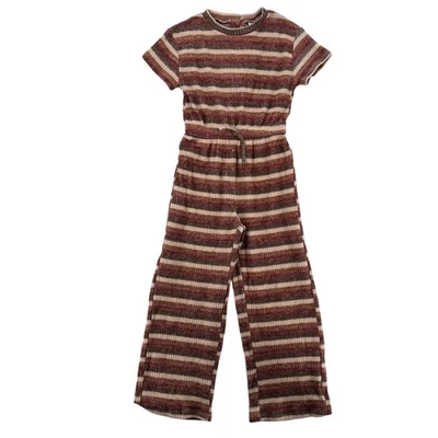Zara Jumpsuit Girls Size 10 140 Brown Red Striped Ribbed Knit Short Sleeve NWT - Image 1 of 4