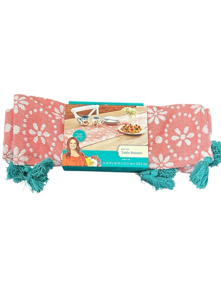 Pioneer Woman Table Runner Daisy Geo Coral Turquoise Tassels NWT  14”W x90”L - Image 1 of 4