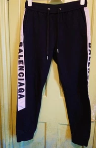 BALENCIAGA Joggers Sweatpants Size S / M Black White stripe Embroidered Logo - Picture 1 of 17