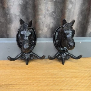 2 Vtg Cast Iron 3-D Horse Head Pair Of Two Double Coat Hook Wall Hanging - Picture 1 of 10