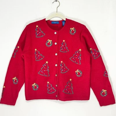 De Colección Karen Scott Lana Navidad Vacaciones Suéter Cárdigan Pequeño Med Grannycore Foto 1 de 4