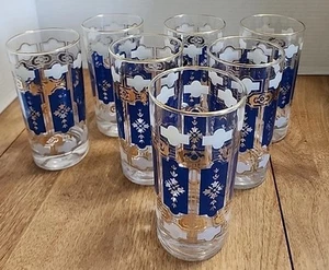 7er Set Mid Century 12 oz Longdrinkgläser blau & weiß mit Goldakzenten - Bild 1 von 23
