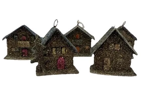 Vintage Putz Weihnachtsdorf 5 Mini Häuser Glimmer Ornamente Made In West Germany - Bild 1 von 13