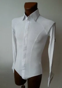 MENS STRETCH DANCE SHIRT BUILT ON SHORTS WHITE FOR BALLROOM DANCE, ICE SKATING - Picture 1 of 3