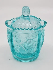 Fenton Glass Aqua Blue Thistle Jam Jar Sugar Bowl - Picture 1 of 8