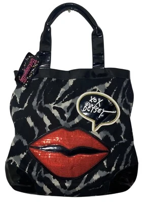 BETSEY JOHNSON Tote Bag Red Lip BETSEYVILLE Zebra Animal Print Shopper XOX - Image 1 of 4