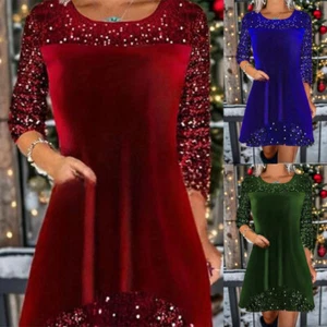 Ladies Sequins Velvet Sparkly Dress Christmas Party XMAS Dresses Tops Size 6-20 - Picture 1 of 14