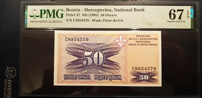BOSNIA HERZEGOVINA 50 DINARA 1995 PMG 67 EPQ SUPERB GEM UNC - Image 1 of 2