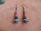 Turquoise, Sterling Silver & Red Glass(Coral look) beads dangle Earrings Navajo