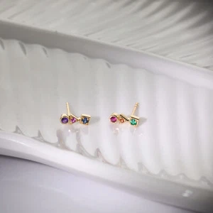14K Yellow Gold Mini Studs Earrings with 0.15 Ct Multi-Sapphire Gemstones Studs! - Picture 1 of 9