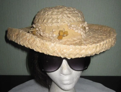 Vtg ladies' Knox dress summer straw hat w yellow ribbon & flowers - Image 1 of 4