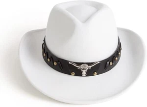 White Western Cowboy Cowgirl Hat for Men Women – Black Bull Strap Retro Felt - Picture 1 of 3