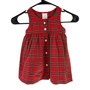Vintage 80s Red Tartan Plaid Pearl Buttons Sleeveless Dress 24 Months - Picture 1 of 4