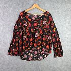 Lily Loves Womens Blouse Top Size 12 Black Floral Pattern Bell Long Sleeve 1948
