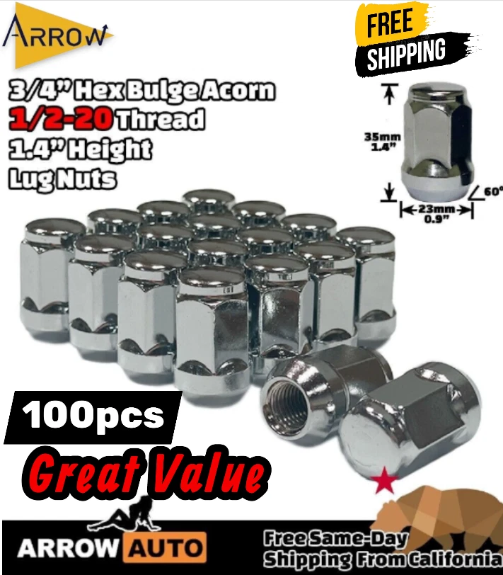 100 Chrome Bulge Acorn Lug Nuts 1/2"-20 Fits: Ford Explorer Bronco F-150 Mustang - Image 1 of 3