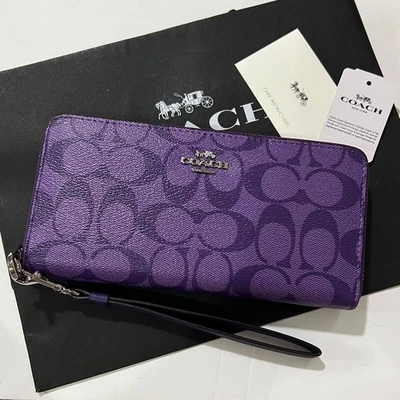 COACH Long Round Zip Wallet with Strap Purple Signature C4452 outlet F/S New US - Image 1 of 4