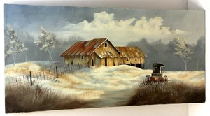 Original Ölgemälde auf Leinwand Bank Scheune auf Bauernhof Amish Buggy 30x15 *ohne Rahmen - Bild 1 von 10