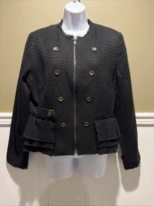 Worthington Womens Jacket Flared Waist Black Zip Up Button Fringe Sz L - Picture 1 of 10