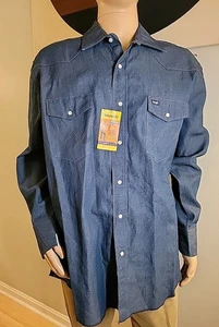 Neu mit Etikett Vintage Wrangler Denim Cowboy-Schnitt blaue Perlen Druckknöpfe Herren Größe XL klassische Passform - Bild 1 von 13