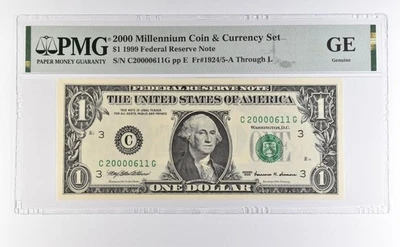 2000 Millennium Coin Currency $1 1999 FRN Philadelphia Low Serial 611 PMG *4604 - Image 1 of 3