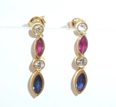 Ohrringe 750 Gelbgold Diamanten Rubine Saphire 22,5 mm lang 3,2gr - Bild 1 von 4