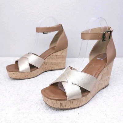 Crown Vintage Ankle Strap Sandals Women's 8 Gold Brown Chalina Pump Criss-Cross - Image 1 of 4