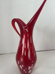 Ewer Creamer Pitcher Hand-Blown Art Glass Red White 12” Tall Mid-Century - Picture 1 of 12