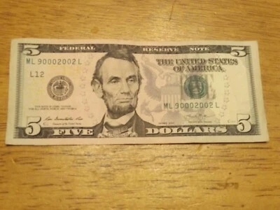 BIRTHDAY DATED VERY FANCY SERIAL NUMBER 2013 $5 FIVE DOLLAR BILL ML 90002002 L - Image 1 of 2