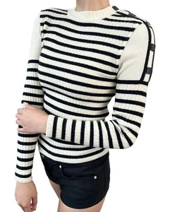 CHANEL Sport Vintage 06A CC Mark Logo Sweater Top #42 Knit Stripe Cream Black - Picture 1 of 11