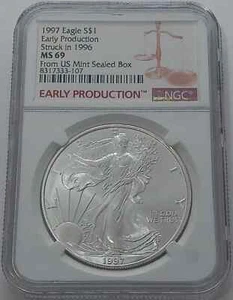 1997 NGC MS69 EARLY PRODUCTION SILVER EAGLE STRUCK 1996 FROM US MINT SEALED BOX - Picture 1 of 3