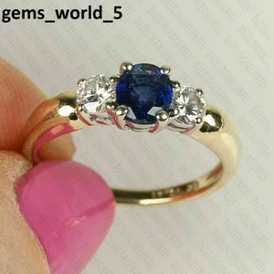925 Sterling Silver Ring Round Cut Sapphire & Certified Moissanite Diamond Gems - Picture 1 of 5