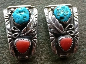 Turquoise & Coral Vintage Navajo Sterling Silver Old Pawn Watch Tips Band - Picture 1 of 4