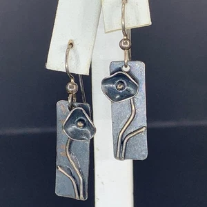 Handcrafted Silver Copper Mixed Metal Floral Earrings Dangle Modern Patina 7/8" - Picture 1 of 5