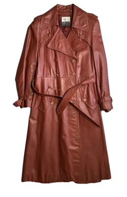 BOM- Jaqueta de Couro Vintage Feminina Sears JR Bazaar Trench Coat Cinto Ferrugem Vermelha - Imagem 1 de 4