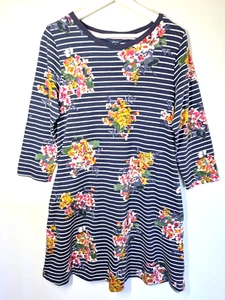 Joules Layla Dress Size 12 Navy Stripe Floral Cotton Jersey ¾ Sleeve Pockets - Picture 1 of 12