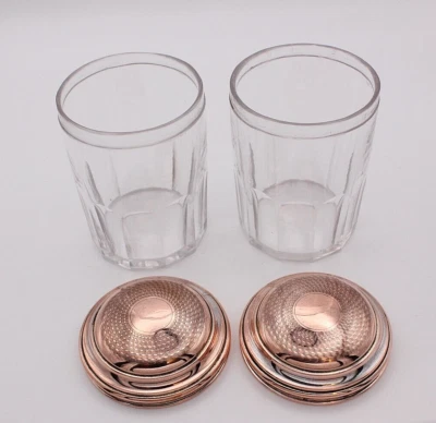 French 19th century travelling bedside glasses with lids, makers mark stamped. - Image 1 of 4