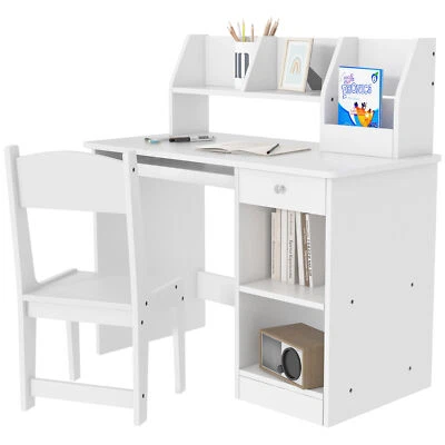Kids Study Desk and Chair Set for 5-8 Year Writing Table Hutch Storage Cabinet - Image 1 of 4