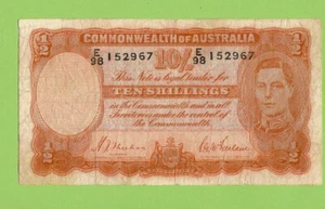 #D139.  1939 TYPE SHEEHAN / McFARLANE   TEN SHILLING  BANKNOTE  E98 152967 - Picture 1 of 2