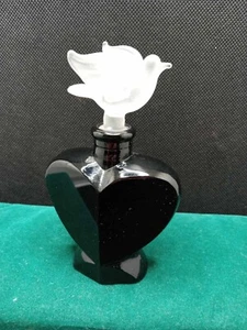 Vintage Heart Shape Black Glass Perfume Bottle with Frosted Bird Stopper - Picture 1 of 4