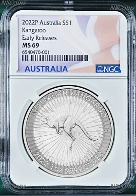 2022 P Australia Silver Kangaroo NGC MS69 $1 1oz Coin ER Flag Label  - Image 1 of 2