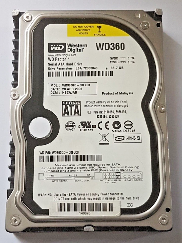 36.7 GB SATA Western Digital WD360GD-00FLC0 10000rpm 8MB HDD 3.5 " Hard Drive - Image 1 of 1