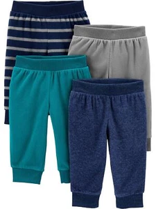 Baby 4-Pack Fleece Pants Blue Heather/Grey/Navy Stripe/Teal Blue 3-6 Months - Picture 1 of 6