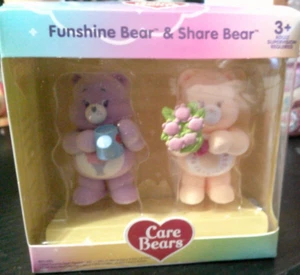 NEW 2 pc set flocked mini CARE BEARS figures FUNSHINE BEAR & SHARE BEAR - Picture 1 of 2