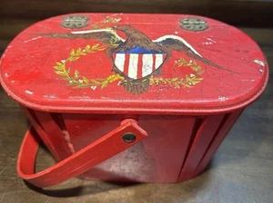 Wooden Basket Purse Painted Lined Hinged with Handle 9"x6"x5" Vintage Eagle Flag - Picture 1 of 11