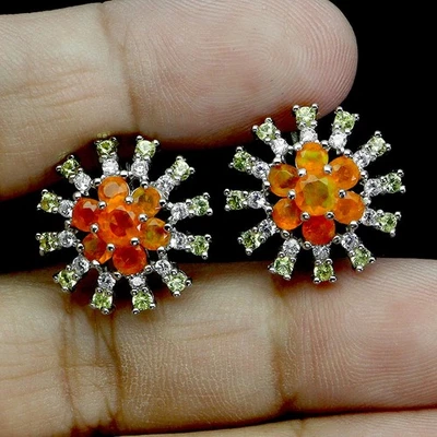 925 Sterling Silver Earrings Round Orange Opal 4mm Sapphire Gemstone Jewelry - Image 1 of 4
