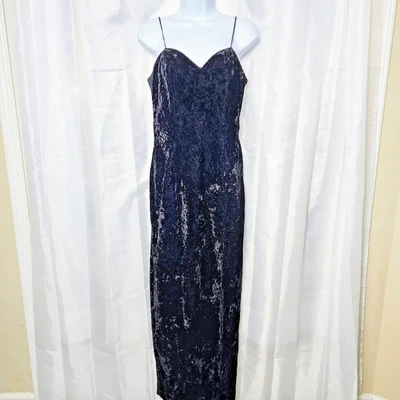 Vintage 90s Y2K Crushed Velvet Maxi Slip Dress Sz 9/10 Black Slit Whimsigoth - Image 1 of 4