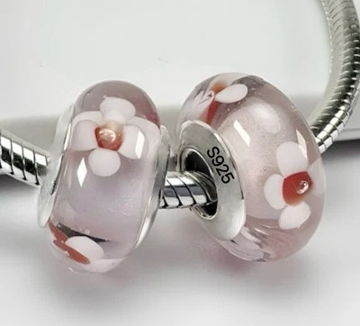 2 Murano Pink Hibiscus Charms  925 Sterling Silver Cores For Charm Bracelet  - Image 1 of 2