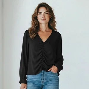 Madewell Black Ruched V Neck Long Sleeve Vegan Silk Blend Blouse Top Size XS - Picture 1 of 8